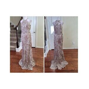 Carmen Marc Valvo Velvet Burnout Gown Beige Women 8 Stoned Formal Wedding Prom